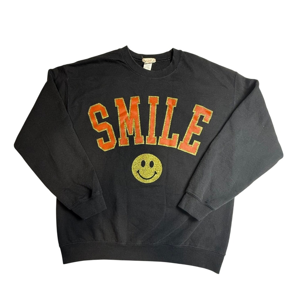 Altar'd State Smile Glitter Graphic Sweatshirt Black Orange Gold S/M-2300